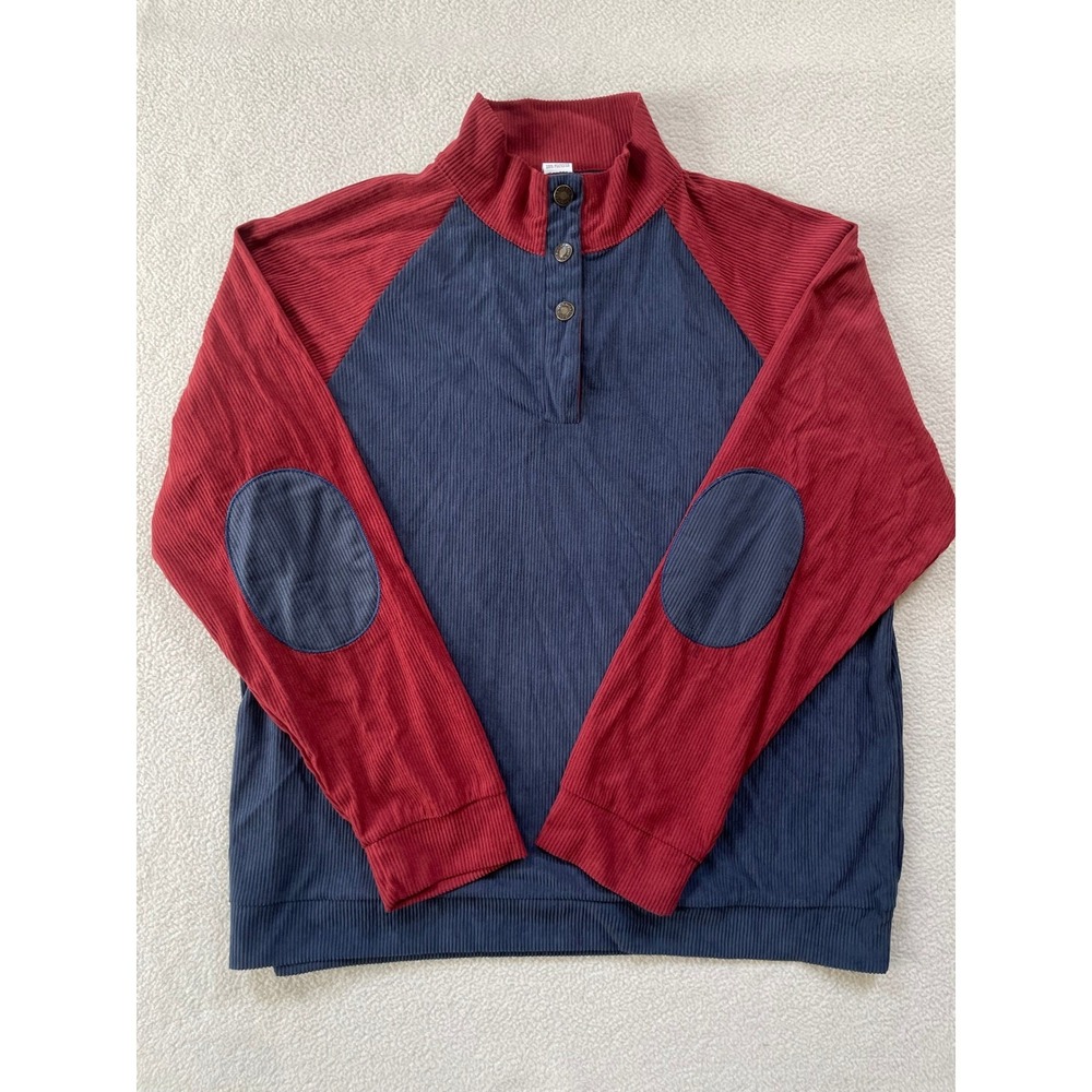 Hengsheng Mens XL Corduroy Henley Blue Red Elbow Patch Mock Neck Quarter Button